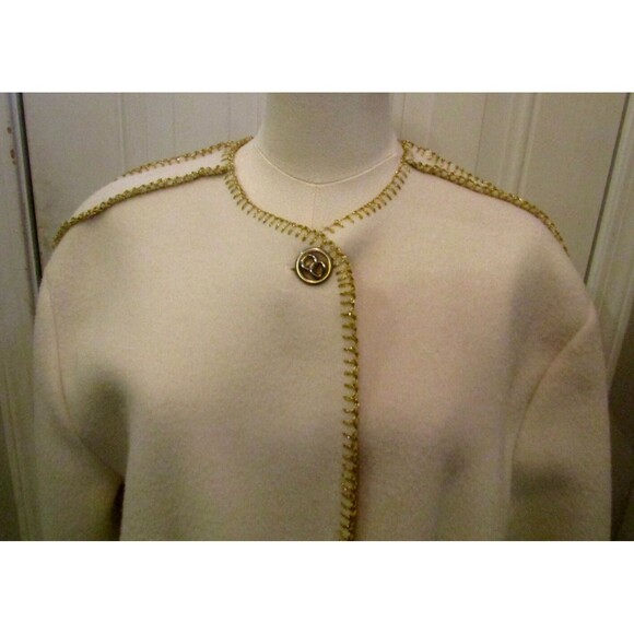 Aqua Sheen Cardigan Vintage Eggshell White Polar Fleece Sweater Gold Trim Size L - Picture 3 of 13